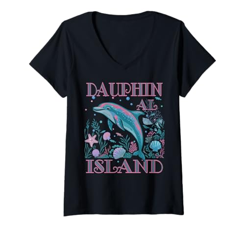Damen DAUPHIN ISLAND AL DOLPHIN BUNTER STRAND SOUVENIR T-Shirt mit V-Ausschnitt von DAUPHIN ISLAND AL DOLPHIN BEACH VACATION