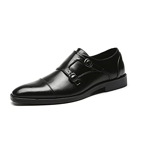 Anzugschuhe für Herren, Slip-on-Mönchsriemen, Cap Toe, schwarz, brünierte Zehenpartie, PU-Leder, Gummisohle, Blockabsatz, rutschfest, rutschfest, für den Außenbereich ( Color : Schwarz , Size : 46 EU von DAVBIR