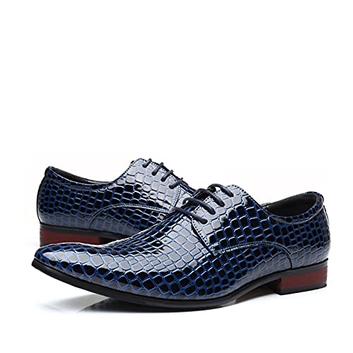 DAVBIR Anzugschuhe für Herren, Schnür-Derby-Schuhe, Krokodil-Alligator-Prägung, PU-Leder, Blockabsatz, Gummisohle, rutschfest, klassisch (Color : Blau, Size : 44 EU) von DAVBIR