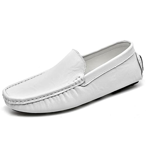 DAVBIR Herren-Slipper, für Fahren, Penny-Loafer, Mokassins, Schuhe aus PU-Leder, rutschfest, flexibel, Flacher Absatz, modischer Slip-on (Color : Weiß, Size : 44 EU) von DAVBIR