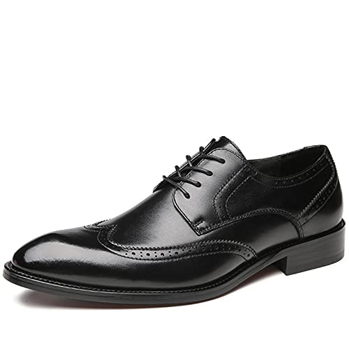 DAVBIR Kleid-Oxford-Schuhe für Herren, Schnürung, Flügelspitze, schwarz, brünierte Zehenpartie, Leder, rutschfest, Blockabsatz, niedrige Spitze, rutschfest, Hochzeit (Color : Schwarz, Size : 44 EU) von DAVBIR