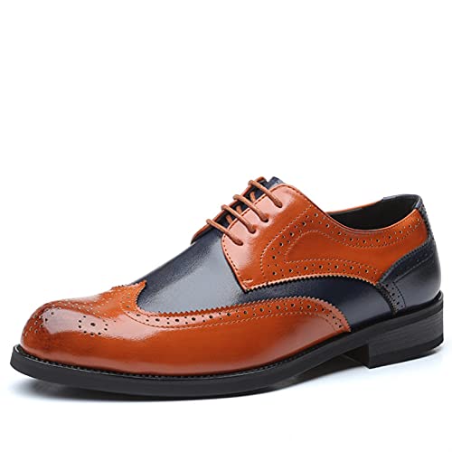 DAVBIR Oxford-Schuhe für Herren, für Schnüren, zweifarbig, Brogue, geprägt, Flügelspitze, Derby-Schuhe, PU-Leder, rutschfest, Low-Top-Blockabsatz, Business (Color : Braun, Size : 45 EU) von DAVBIR