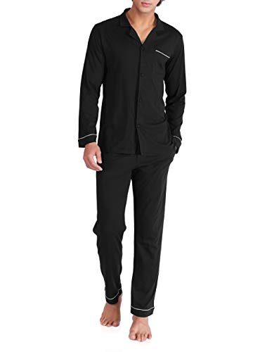 DAVID ARCHY Herren Baumwolle Schlafanzug Nachtwäsche Langarm Shirt und Loungehose mit Knopfleiste Taschen und Band 1er Pack,Schwarz,M von DAVID ARCHY