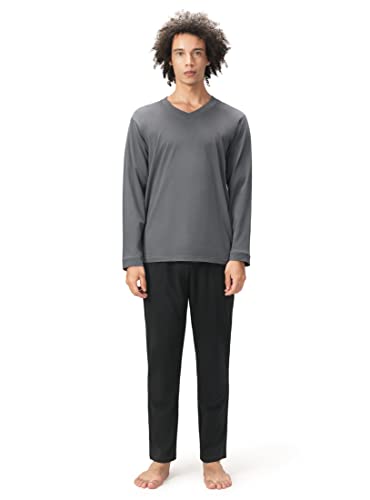 DAVID ARCHY Herren Baumwolle Schlafanzug Zweiteiliger Nachtwäsche Langarm Shirt und Loungehose mit V Ausschnitt Flauschig 1er Pack,Dunkelgrau+Schwarz,XL von DAVID ARCHY