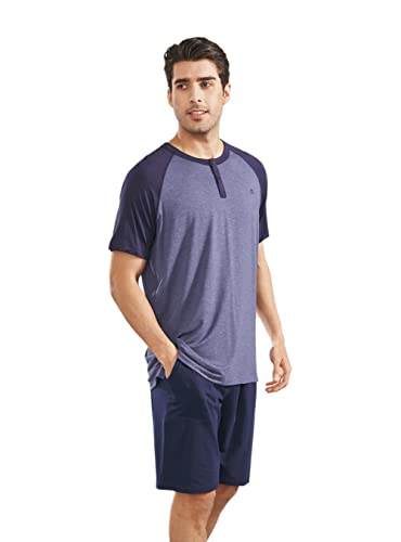 DAVID ARCHY Herren Schlafanzug Short Set Sommer Bambusfaser Weich Frisch Atmungsaktiv Nachtwäsche (Marineblau, L) von DAVID ARCHY