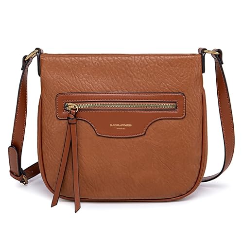 DAVID JONES - Damen-Umhängetasche mit Reißverschluss – Handtasche / Schultertasche aus PU-Leder mit mehreren Taschen – elegant, praktisch, klassisch, Cognac-Braun, one size, Elegant von David Jones