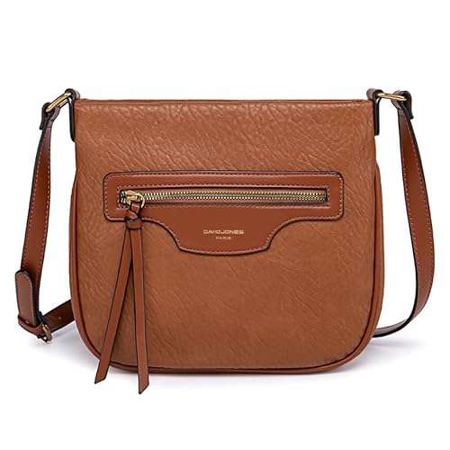 DAVID JONES - Damen-Umhängetasche mit Reißverschluss – Handtasche / Schultertasche aus PU-Leder mit mehreren Taschen – elegant, praktisch, klassisch, Cognac-Braun, one size, Elegant von David Jones