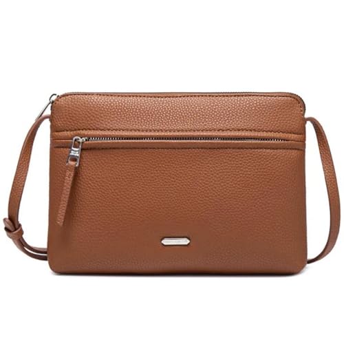 David Jones - Umhängetasche für Damen – flache Tasche, kleine Handtasche, Schultertasche, PU-Leder, klassisch, elegant – 2 Fächer – Telefontasche Shopping Reise, Cognac-Braun, Einheitsgröße von David Jones