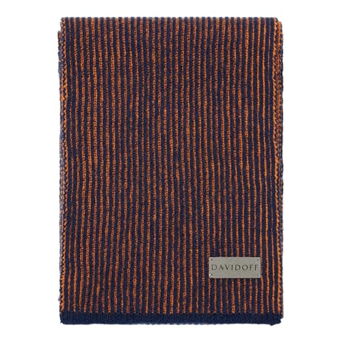 DAVIDOFF ESSENTIALS Herren Schal Marineblau/Orange – sportlicher Schal aus 100% Wolle – wärmender Wollschal in gerippter Optik mit Lederschildchen von DAVIDOFF