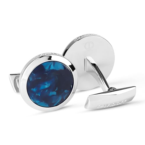 DAVIDOFF VENICE Cufflinks - Manschettenknöpfe Blau/Silber – rhodinierte, runde Manschettenknöpfe aus Messing – stilvolle Herren Accessoires mit blauem Zelluloid-Einsatz von DAVIDOFF