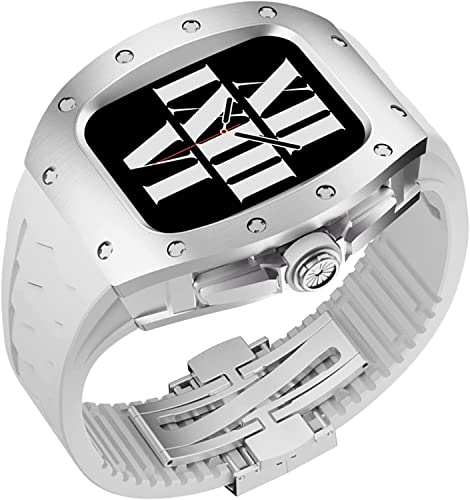 DAVNO Edelstahl-Schutzhülle, für Apple Watch 45/44 mm, mit Flurin-Gummiband, für Damen und Herren, Metallschnalle, Fluorkautschuk-Armband, für iWatch 6, 5, 4 SE, Ersatz-Set, 44mm, Achat von DAVNO