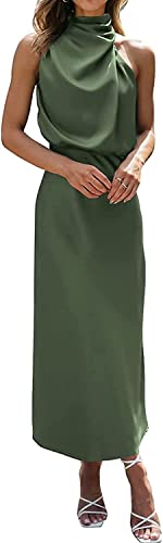 Maxikleid for Damen Seide Hochzeitsgast Kleid Maxikleid ärmelloses Elegantes Cocktailkleid mit Neckholder in Wickeloptik (Color : A, Size : S) von DAVNO