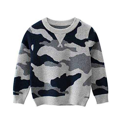 DAWILS Jungen Pullover Herbst Winter Baumwolle Langarm Grauer Dinosaurier Camouflage Stricken Sweater für Kinder Strickpullover 122 von DAWILS