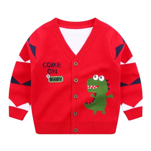 DAWILS Jungen Pullover Herbst Winter Baumwolle Langarm Rot Dinosaurier Stricken Sweater für Kinder Strickpullover 122 von DAWILS