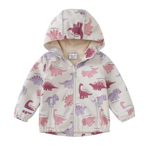 DAWILS Jungen Regenjacke Kinder Wasserdicht Jacke Regenmantel Mädchen Softshelljacke mit Fleece Futter Unisex Dinosaurier Rosa Winddicht Wanderjacke Outdoorjacke mit Kapuze 92 von DAWILS