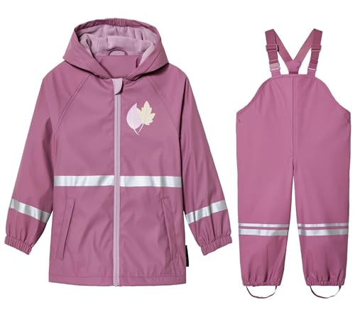 DAWILS Jungen Regenjacke Regenhose Kinder Zweiteiliger Regenanzug Set Mädchen Regenjacken Mäntel Baby Matsch Regenbekleidung Wind- und Wasserdicht Bekleidungsset, Fleece Gefüttert Ahornblatt 122-128 von DAWILS