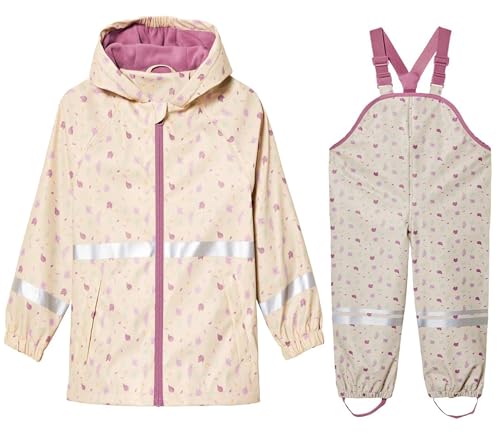 DAWILS Jungen Regenjacke Regenhose Kinder Zweiteiliger Regenanzug Set Mädchen Regenjacken Mäntel Baby Matsch Regenbekleidung Wind- und Wasserdicht Bekleidungsset, Fleece Gefüttert Blätter 98-104 von DAWILS