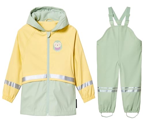 DAWILS Jungen Regenjacke Regenhose Kinder Zweiteiliger Regenanzug Set Mädchen Regenjacken Mäntel Baby Matsch Regenbekleidung Wind- und Wasserdicht Bekleidungsset, Fleece Gefüttert Eule 110-116 von DAWILS
