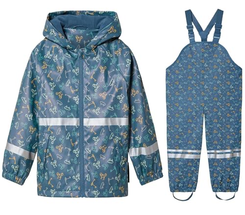 DAWILS Jungen Regenjacke Regenhose Kinder Zweiteiliger Regenanzug Set Mädchen Regenjacken Mäntel Baby Matsch Regenbekleidung Wind- und Wasserdicht Bekleidungsset, Fleece Gefüttert Fahrrad 98-104 von DAWILS