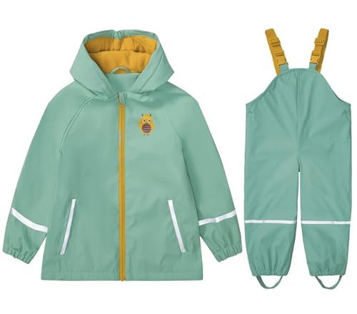 DAWILS Jungen Regenjacke Regenhose Kinder Zweiteiliger Regenanzug Set Mädchen Regenjacken Mäntel Baby Matsch Regenbekleidung Wind- und Wasserdicht Bekleidungsset, Fleece Gefüttert Grün 110-116 von DAWILS