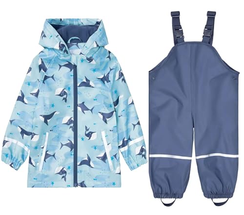 DAWILS Jungen Regenjacke Regenhose Kinder Zweiteiliger Regenanzug Set Mädchen Regenjacken Mäntel Baby Matsch Regenbekleidung Wind- und Wasserdicht Bekleidungsset, Fleece Gefüttert Hai 110-116 von DAWILS