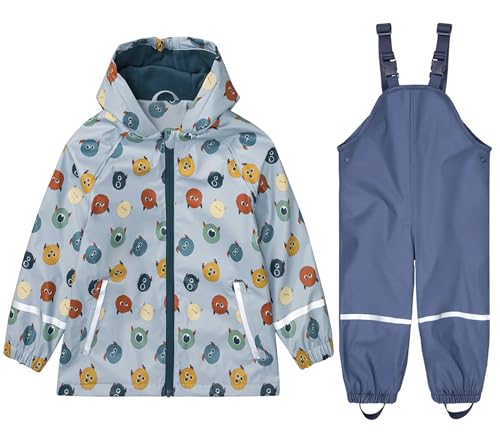 DAWILS Jungen Regenjacke Regenhose Kinder Zweiteiliger Regenanzug Set Mädchen Regenjacken Mäntel Baby Matsch Regenbekleidung Wind- und Wasserdicht Bekleidungsset, Fleece Gefüttert Monster 110-116 von DAWILS