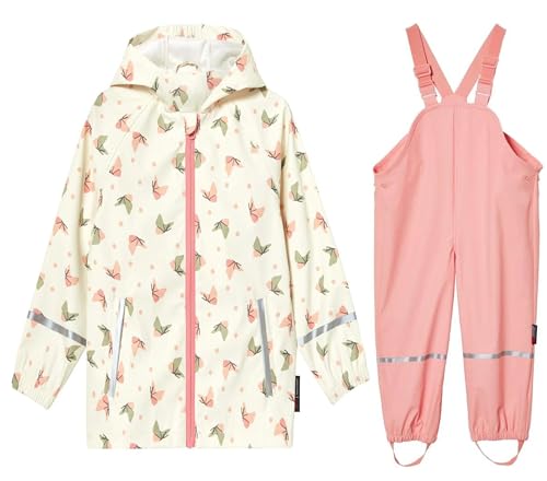 DAWILS Jungen Regenjacke Regenhose Kinder Zweiteiliger Regenanzug Set Mädchen Regenjacken Mäntel Baby Matsch Regenbekleidung Wind- und Wasserdicht Bekleidungsset Beige Schmetterling 122-128 von DAWILS