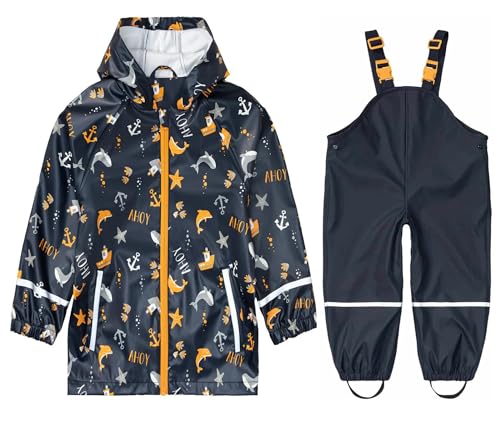 DAWILS Jungen Regenjacke Regenhose Kinder Zweiteiliger Regenanzug Set Mädchen Regenjacken Mäntel Baby Matsch Regenbekleidung Wind- und Wasserdicht Bekleidungsset Marineblau Hai 86-92 von DAWILS