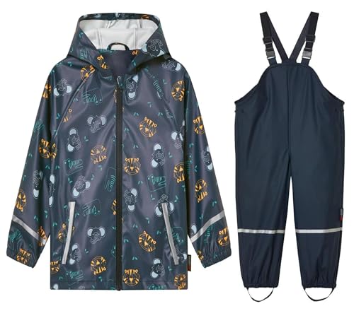 DAWILS Jungen Regenjacke Regenhose Kinder Zweiteiliger Regenanzug Set Mädchen Regenjacken Mäntel Baby Matsch Regenbekleidung Wind- und Wasserdicht Bekleidungsset Marineblau Krokodil 122-128 von DAWILS