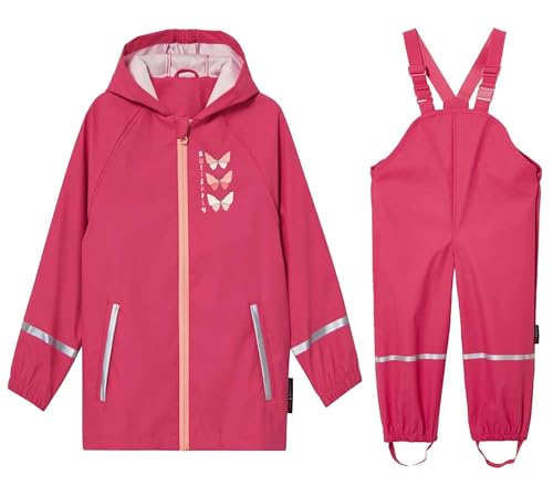 DAWILS Jungen Regenjacke Regenhose Kinder Zweiteiliger Regenanzug Set Mädchen Regenjacken Mäntel Baby Matsch Regenbekleidung Wind- und Wasserdicht Bekleidungsset Rot Schmetterling 98-104 von DAWILS