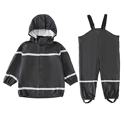 DAWILS Jungen Regenjacke Regenhose Kinder Zweiteiliger Regenanzug Set Mädchen Regenjacken Mäntel Baby Matsch Regenbekleidung Wind- und Wasserdicht Bekleidungsset Schwarz 110-116 von DAWILS