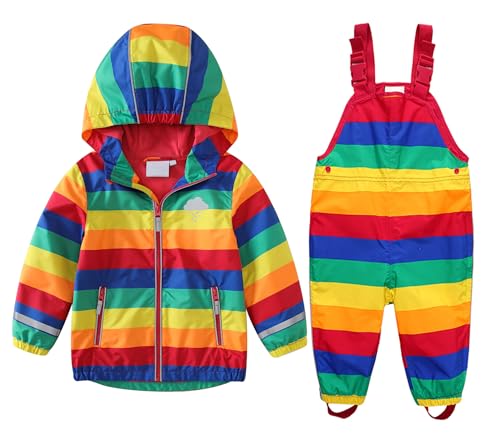 DAWILS Jungen Regenjacke Regenhose Kinder Zweiteiliger Regenanzug Set Mädchen Regenjacken Regenlatzhose Mäntel Baby Matschhose Regenbekleidung Wind- und Wasserdicht Bekleidungsset Regenbogen 98 von DAWILS
