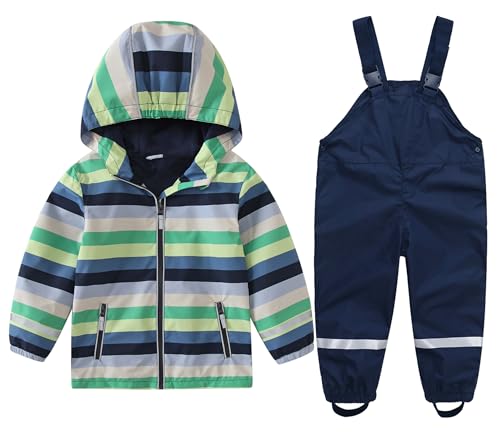 DAWILS Jungen Regenjacke Regenhose Kinder Zweiteiliger Regenanzug Set Mädchen Regenjacken Regenlatzhose Mäntel Baby Matschhose Regenbekleidung Wind- und Wasserdicht Bekleidungsset Streifen 104 von DAWILS