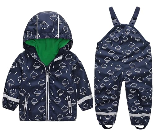 DAWILS Jungen Regenjacke Regenhose Kinder Zweiteiliger Regenanzug Set Mädchen Regenjacken Regenlatzhose Mäntel Baby Matschhose Regenbekleidung Wind- und Wasserdicht Bekleidungsset Wolken 80 von DAWILS