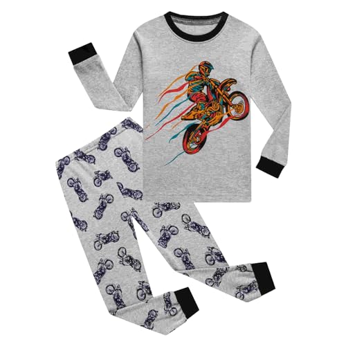 DAWILS Jungen Schlafanzug Motorrad Zweiteiliger Schlafanzug Feuerwehrauto Kinder Motorcycle Herbst Winter Bekleidung Nachtwäsche Pyjama Set 128 von DAWILS