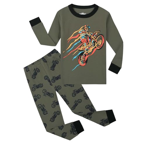 DAWILS Jungen Schlafanzug Motorrad Zweiteiliger Schlafanzug Feuerwehrauto Kinder Motorcycle Herbst Winter Bekleidung Nachtwäsche Pyjama Set 140 von DAWILS