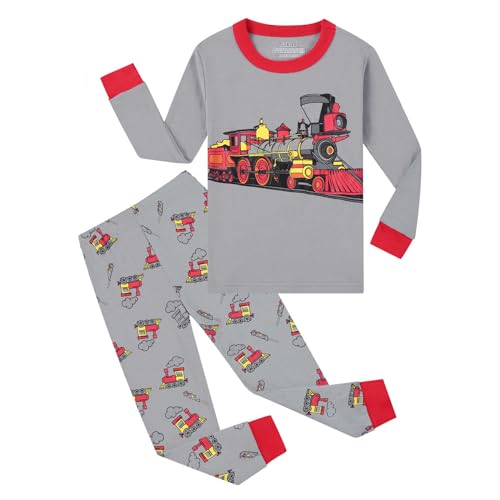 DAWILS Jungen Schlafanzug Zug Zweiteiliger Schlafanzug Feuerwehrauto Kinder Train Herbst Winter Bekleidung Nachtwäsche Pyjama Set 128 von DAWILS