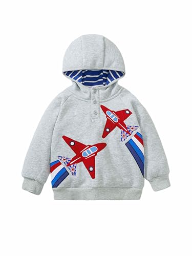 DAWILS Jungen Sweatshirt Baumwolle Fleece Rundhals Pullover Für Kinder Warme Sportwear Weihnachts Langarm Flugzeug Grau Kapuzenpullover Hemden Jacke Oberteil 116 von DAWILS