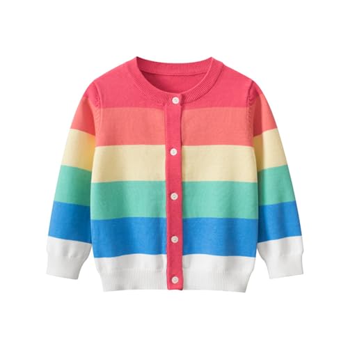 DAWILS Kinder Pullover Weihnachten Winter Regenbogen Rot Stricken Sweater für Mädchen Cardigan Baumwolle Langarm Strickjacke 116 von DAWILS