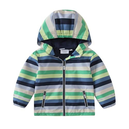DAWILS Kinder Softshelljacke Jungen Wasserdicht Softshell Jacke Mädchen Winddicht Regenjacke Kinder Warm Gefütterte Leichte Übergangsjacke Outdoorjacke mit Kapuze 98, Grün Blau Streifen von DAWILS