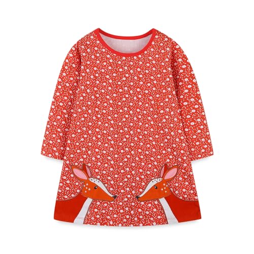 DAWILS Mädchen Kleid Casual Festlich Kleidung Herbst Halloween Langarm Elch Tupfen Rot Baumwolle Baby Partykleid Blusenkleid Geburtstag Kleider 7 Jahre von DAWILS