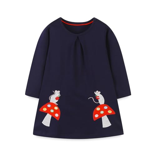 DAWILS Mädchen Kleid Casual Festlich Kleidung Herbst Halloween Langarm Pilz Marine Blau Baumwolle Baby Partykleid Blusenkleid Geburtstag Kleider 4 Jahre von DAWILS