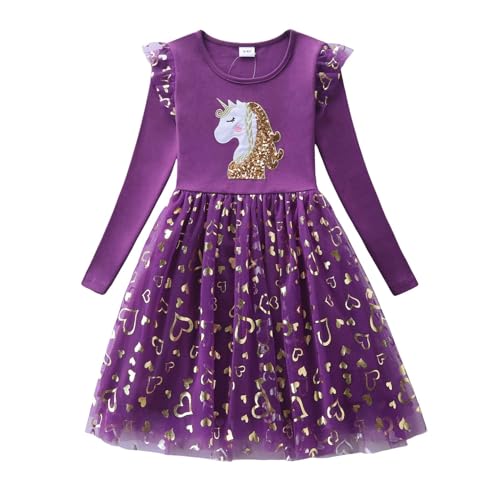 DAWILS Mädchen Kleid Tüll Festlich Elegant Prinzessin Kleidung Herbst Langarm Tanzen Violett Kaninchen Tütü Baby Partykleid Ballettkleid Geburtstag Tutu Kleider 7 Jahre von DAWILS