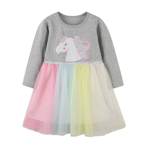 DAWILS Mädchen Kleid Tüll Festlich Hochzeit Elegant Prinzessin Kleidung Herbst Langarm Einhorn Grau Rosa Tütü Baby Partykleid Ballettkleid Geburtstag Tutu Kleider 4 Jahre von DAWILS