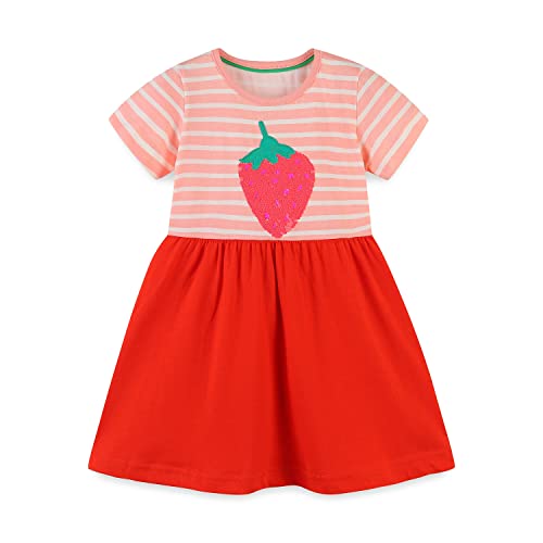 DAWILS Mädchen Kleider Lässige Erdbeere Streifen Rot Sommer Kurzarm Kleid Plissee Schaukel Kleider Boho Strandkleid Partykleid 110 von DAWILS