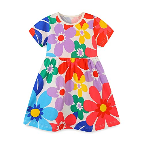DAWILS Mädchen Kleider Sommer Kurzarm Blumen Bunt Kleid Kinder Plissee Skater Schaukel Kleider Boho Strandkleid 7 Jahre von DAWILS