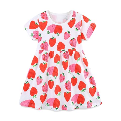 DAWILS Mädchen Kleider Sommer Kurzarm Erdbeere Rot Kleid Kinder Plissee Skater Schaukel Kleider Boho Strandkleid 6 Jahre von DAWILS