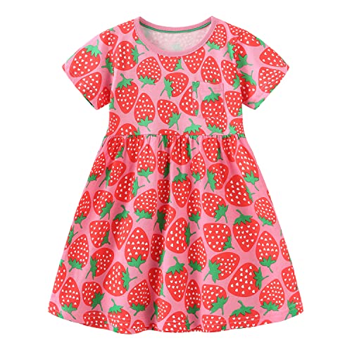 DAWILS Mädchen Kleider Sommer Kurzarm Erdbeere Rot Kleid Kinder Plissee Skater Schaukel Kleider Boho Strandkleid 7 Jahre von DAWILS