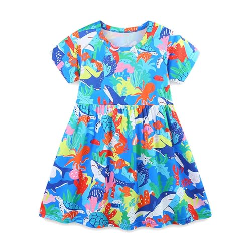 DAWILS Mädchen Kleider Sommer Kurzarm Hai Blau Kleid Kinder Plissee Skater Schaukel Kleider Boho Strandkleid 7 Jahre von DAWILS