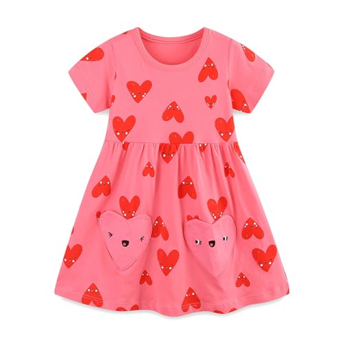 DAWILS Mädchen Kleider Sommer Kurzarm Herz Rot Kleid Kinder Plissee Skater Schaukel Kleider Boho Strandkleid 6 Jahre von DAWILS